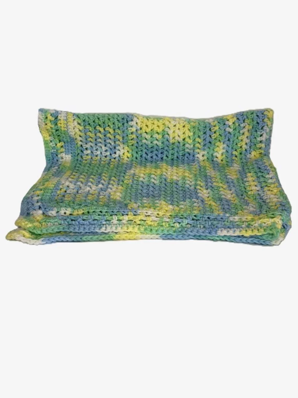 Handmade Crochet Baby Blanket Blue Green Yellow White Grandmacore Nursery Throw